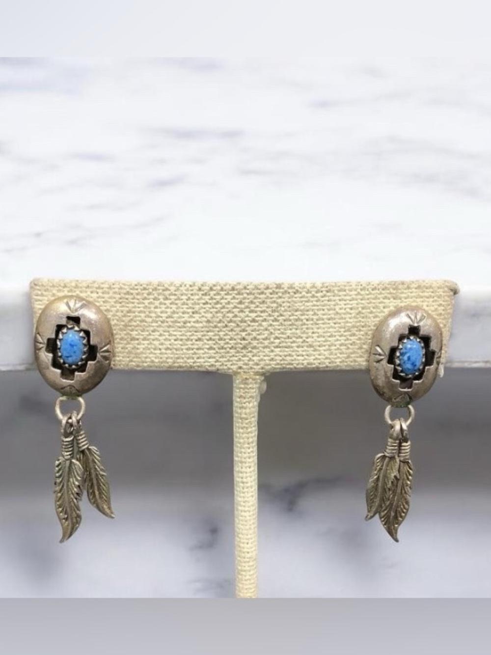 Sterling Silver Earrings (Stamped-R.P)Turquoise Drop Feather Earrings - Blue